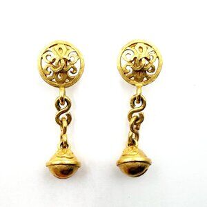 Chanel Vintage Gold Plated CC Filigree Round Bell Dangle Clip on Earrings